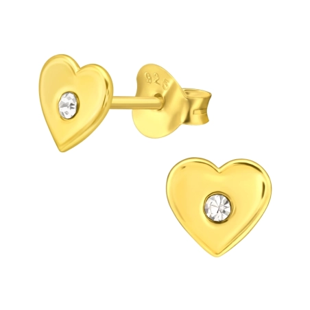 Golden Heart with crystal in the middle - 925 Sterling Silver Ear Studs With Stones