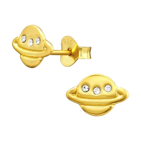 Golden Saturn planet - 925 Sterling Silver Ear Studs With Stones