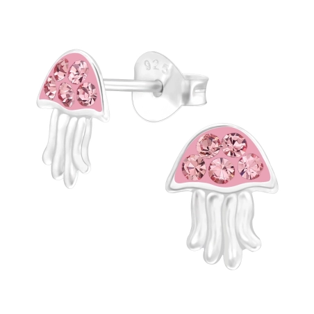Jellyfish with rose crystals - 925 Sterling Silver Ear Studs With Stones