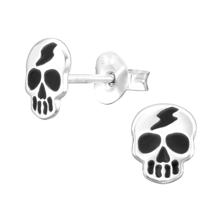 Skull with black epoxy - 925 Sterling Silver Ear Studs Without Stones