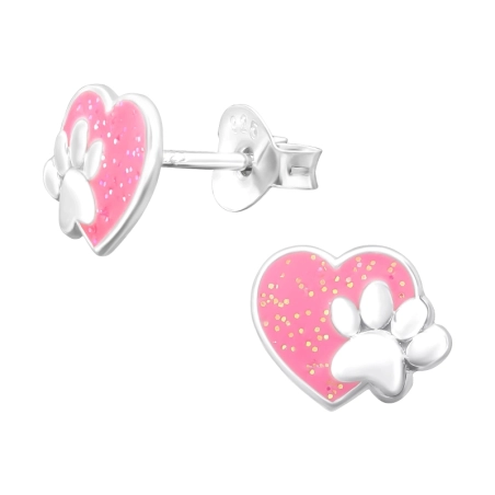 Heart & Paw Print with glitter - 925 Sterling Silver Ear Studs With Enamel Colors