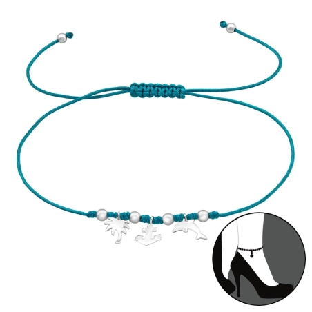 Palm, Anchor, Dolfin on turquoise bracelet - Nylon Cord + 925 Sterling Silver Anklets For Foot