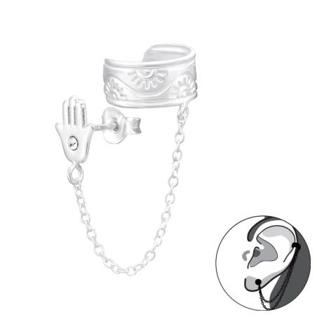 Hamsa hand with chain - 925 Sterling Silver Ear Cuffs And Ear Pins