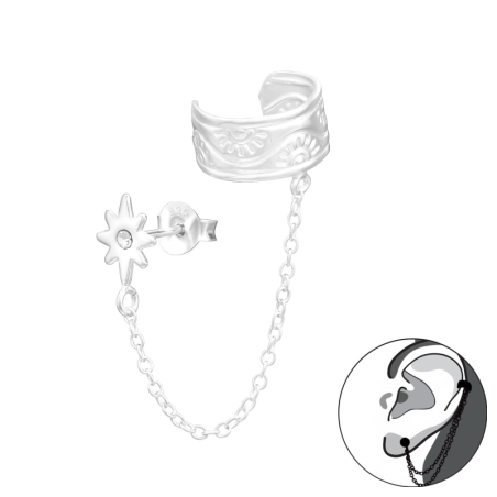 Northern Star with chain - 925 Sterling Silver Ear Cuffs And Ear Pins