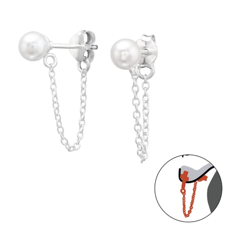 5mm Round pearl linked chain - 925 Sterling Silver Double-Sided Ear Studs