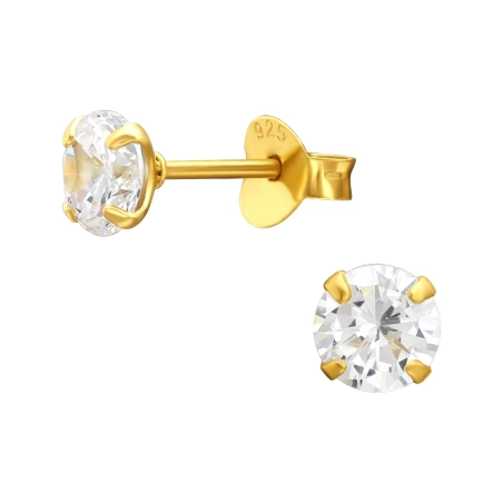 Golden 5mm Round - 925 Sterling Silver Ear Studs With Zirconia Stones