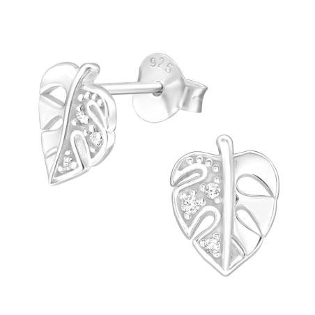 Leaf with their half filled with Zirconias - 925 Sterling Silver Ear Studs With Zirconia Stones