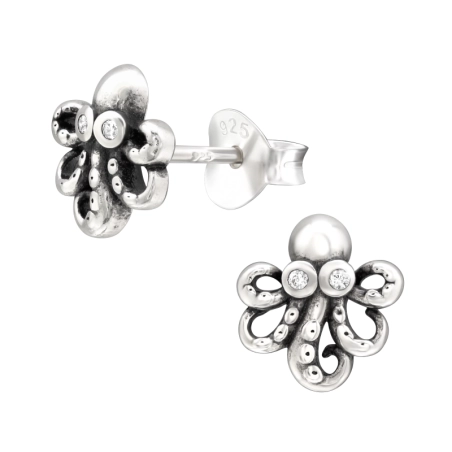 Octopus with big zirconia eyes - 925 Sterling Silver Ear Studs With Zirconia Stones