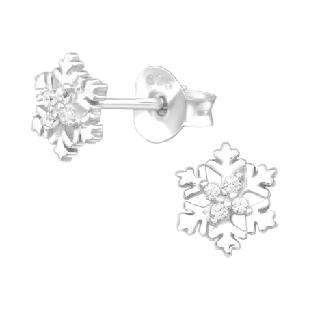 Snowflake with Zirconia - 925 Sterling Silver Ear Studs With Zirconia Stones