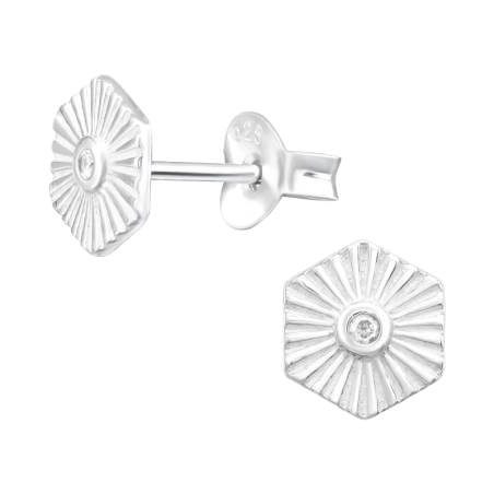 Hexagon with zirconia in the center - 925 Sterling Silver Ear Studs With Zirconia Stones