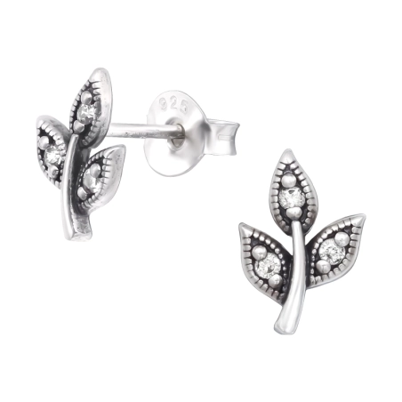 Oxidised Leaves - 925 Sterling Silver Ear Studs With Zirconia Stones