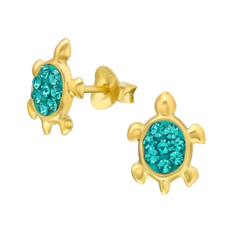 Turtle with blue crystals - 925 Sterling Silver Ear Studs With Stones