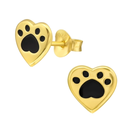 Golden heart with black paw print - 925 Sterling Silver Ear Studs Without Stones