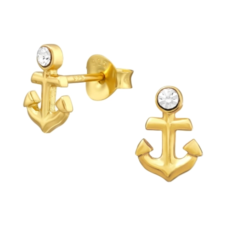 Golden Anchor - 925 Sterling Silver Ear Studs With Crystal Stones