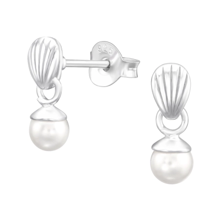 Shell with hanging pearl - 925 Sterling Silver Ear Studs With Pearls