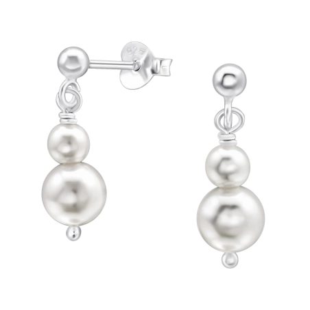 3mm Silver ball with two hanging pearls - 925 Sterling Silver Ear Studs With Pearls