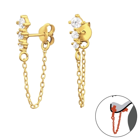 Golden chain stud with zirconia - 925 Sterling Silver Double-Sided Ear Studs