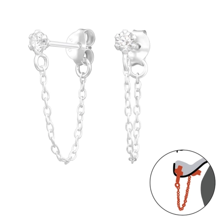 3mm Round with chain - 925 Sterling Silver Double-Sided Ear Studs