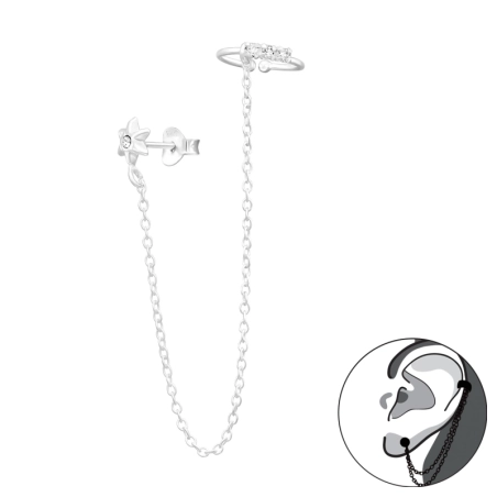 Ear cuf and star stud with chain - 925 Sterling Silver Double-Sided Ear Studs