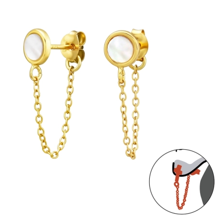 Golden stud with Shell and hanging chain - 925 Sterling Silver Double-Sided Ear Studs