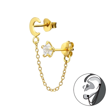 Studs Moon linked to star with chain - 925 Sterling Silver Double-Sided Ear Studs