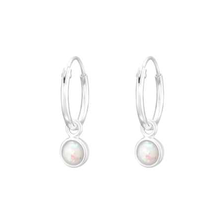 Hanging round Opal stone - 925 Sterling Silver Ear Hoops