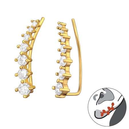 Seven zirconias in line on gold palted earrings - 925 Sterling Silver Ear Cuffs And Ear Pins