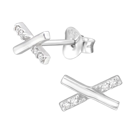 X Cross - 925 Sterling Silver Ear Studs with Zirconia stones