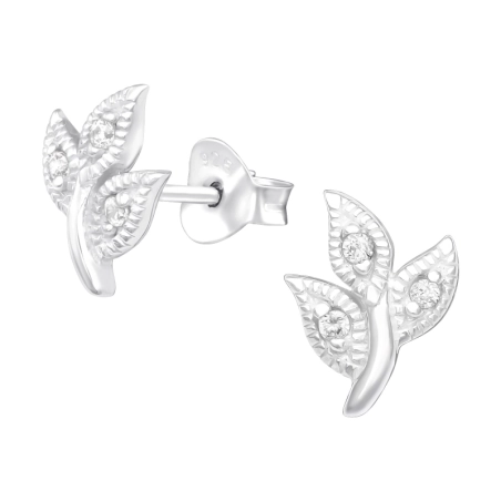 Leaves - 925 Sterling Silver Ear Studs with Zirconia stones