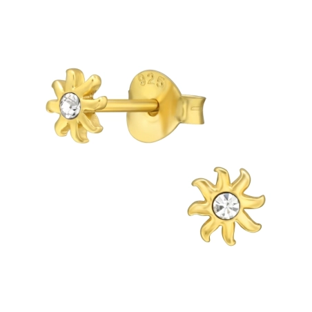 Golden Sun with crystal - 925 Sterling Silver Ear Studs With Crystal Stones