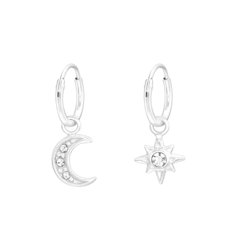 Hanging Moon & Star - Mismatch - 925 Sterling Silver Ear Hoops