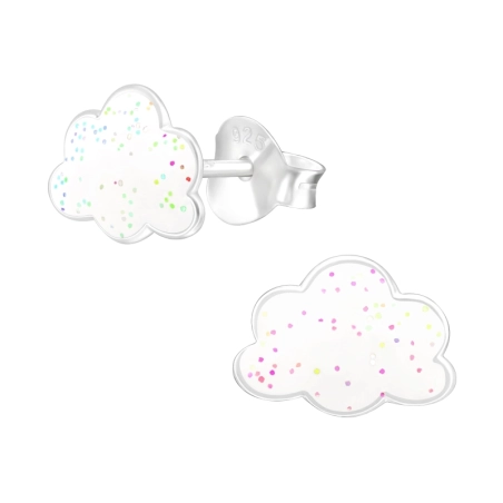 White Cloud with glitter - 925 Sterling Silver Ear Studs With Enamel Colors