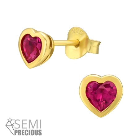 Golden 4mm Heart shape - 925 Sterling Silver Ear Studs With Semi-Precious Stones