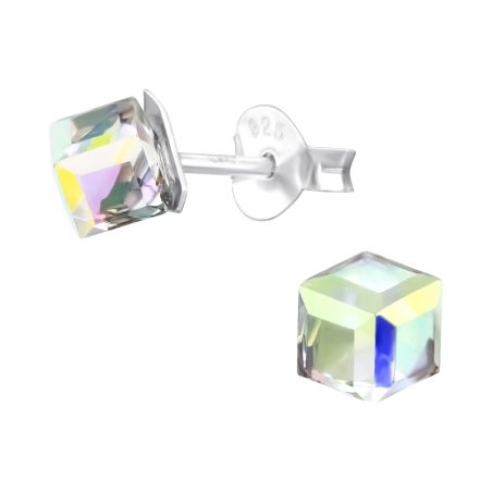 Cube 4mm - 925 Sterling Silver Ear Studs with Crystal stones