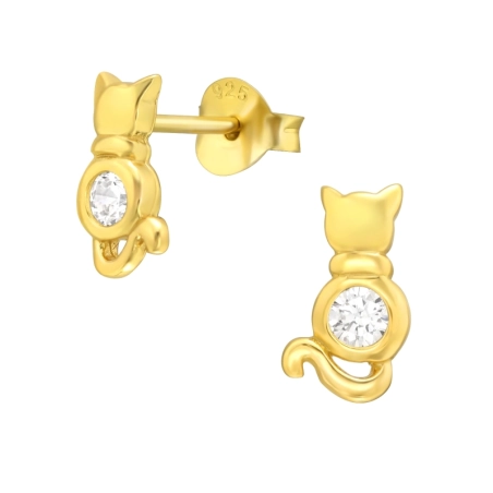 Golden Cat with Zirconia - 925 Sterling Silver Ear Studs With Zirconia Stones