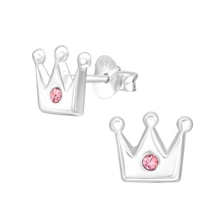 Crown with pink crystal - 925 Sterling Silver Ear Studs With Stones