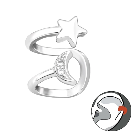 Moon And Star on one ear - 925 Sterling Silver Ear Cuffs And Ear Pins