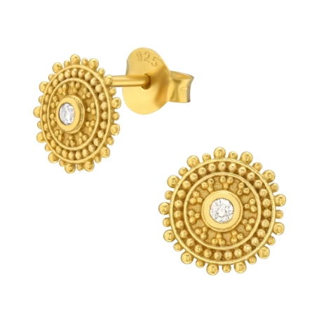 Golden sun with crystal - 925 Sterling Silver Plain Ear Studs