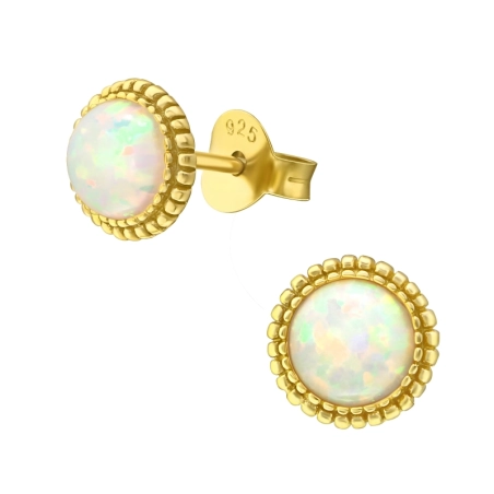 Golden round with Opal - 925 Sterling Silver Ear Studs With Semi-Precious Stones