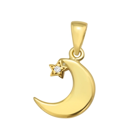 Golden Crescent Moon - 925 Sterling Silver Pendants With Zirconia Stones