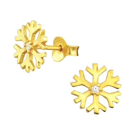 Golden Snowflake - 925 Sterling Silver Ear Studs With Zirconia Stones