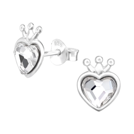 Heart Crown - 925 Sterling Silver Ear Studs with Crystal stones