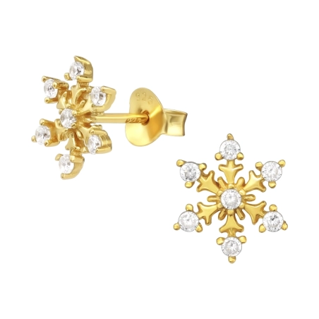 Golden Snowflake - 925 Sterling Silver Ear Studs With Zirconia Stones