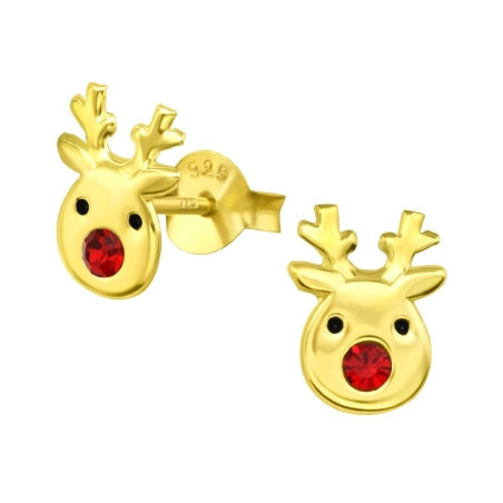 Golden Reindeer with red crystal nose - 925 Sterling Silver Ear Studs With Crystals