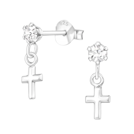 Hanging Cross - 925 Sterling Silver Ear Studs with Crystal stones