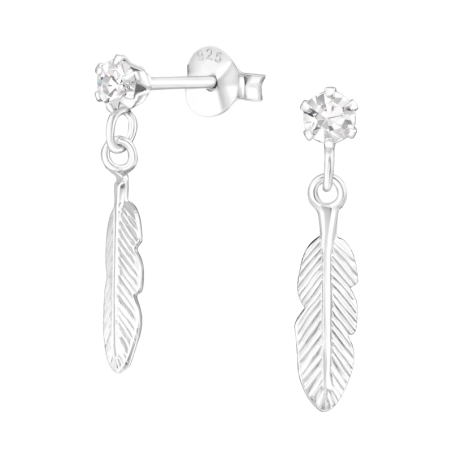 Hanging Feather - 925 Sterling Silver Ear Studs with Crystal stones