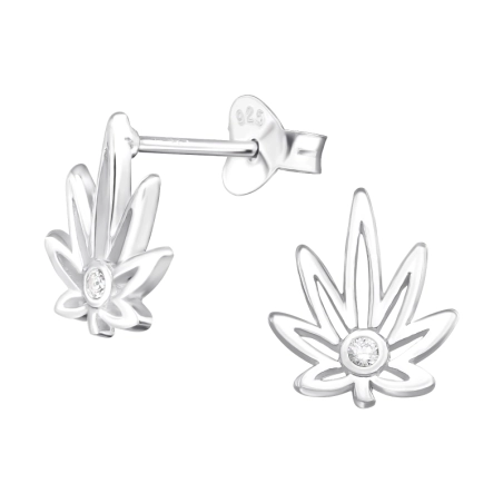 Cannabis Leaf - 925 Sterling Silver Ear Studs with Zirconia stones
