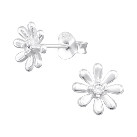Flower - 925 Sterling Silver Ear Studs with Zirconia stones
