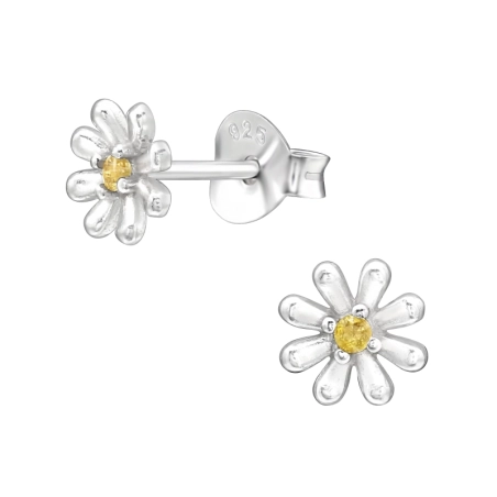 Daisy flower with yellow Zirconia - 925 Sterling Silver Ear Studs With Zirconia Stones