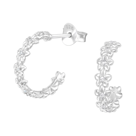 Flower Half Hoop - 925 Sterling Silver Ear Studs with Zirconia stones
